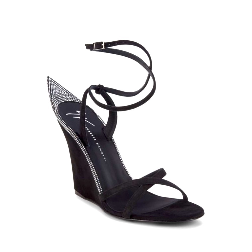 Giuseppe Zanotti wedged black suede sandals with Swarovski crystals .